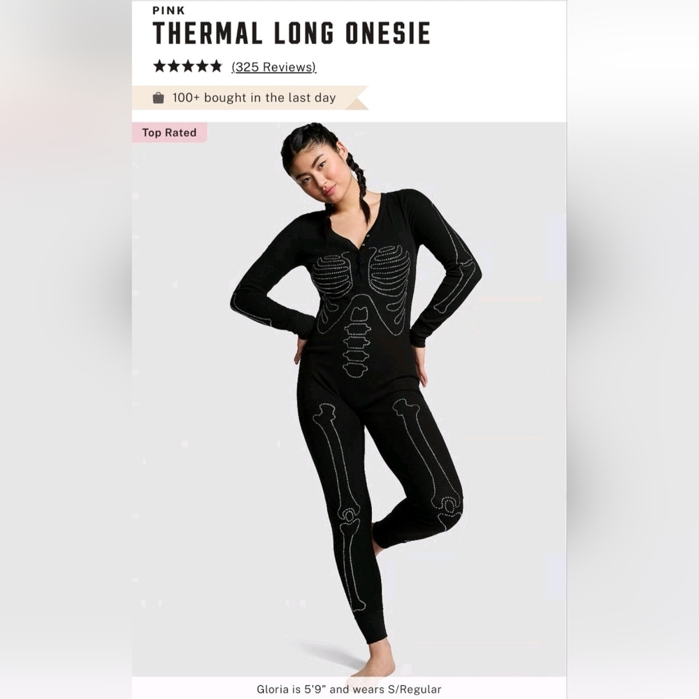 PINK Victoria Secret Black One Piece Bling Skeleton Halloween‎ Thermal Pajama XS
